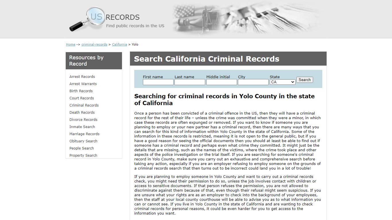 Search Criminal Records Yolo California | US Records